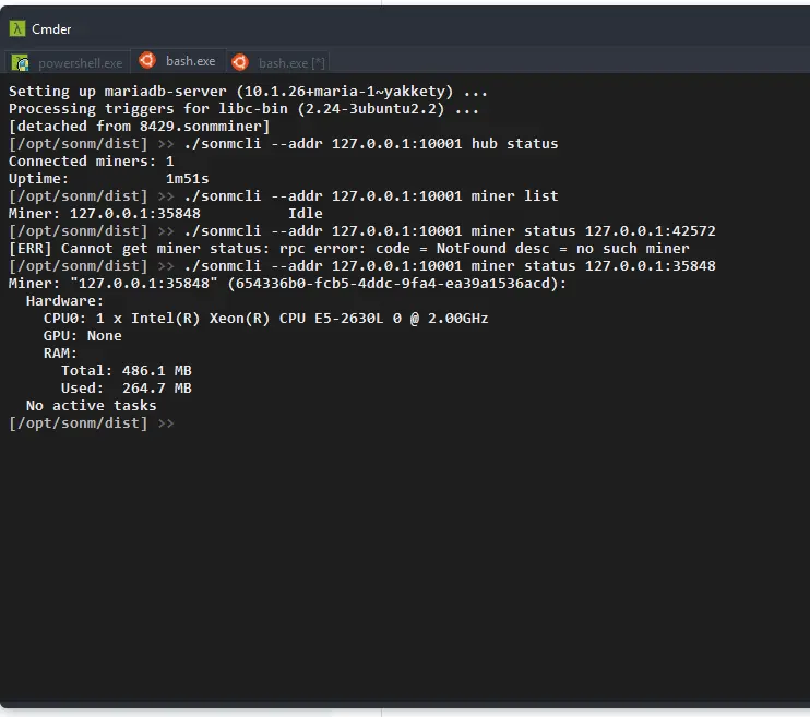 A picture of the terminal with the setup of the SOMN miner